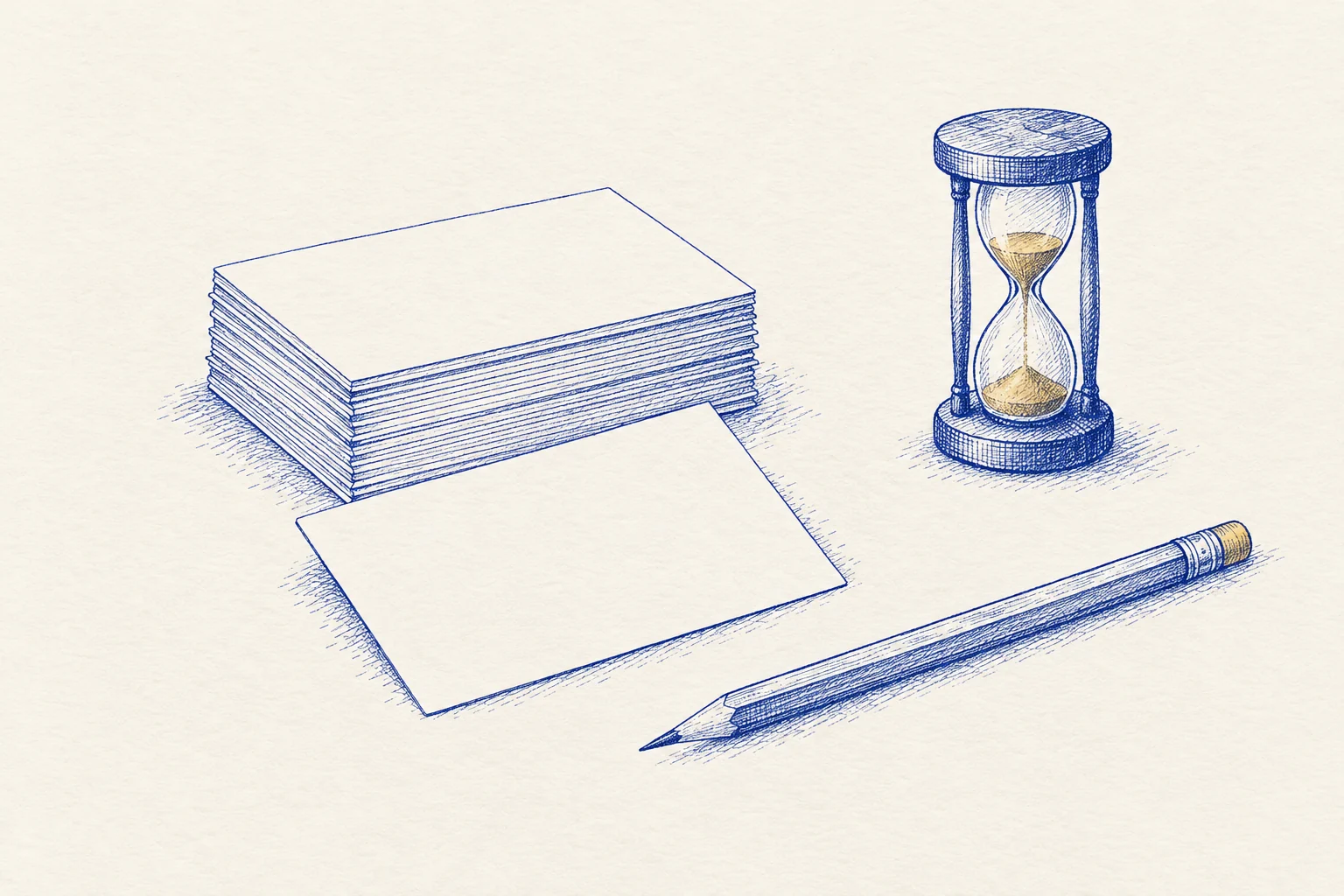 Gezeichnete Karteikarten mit Bleistift und Sanduhr