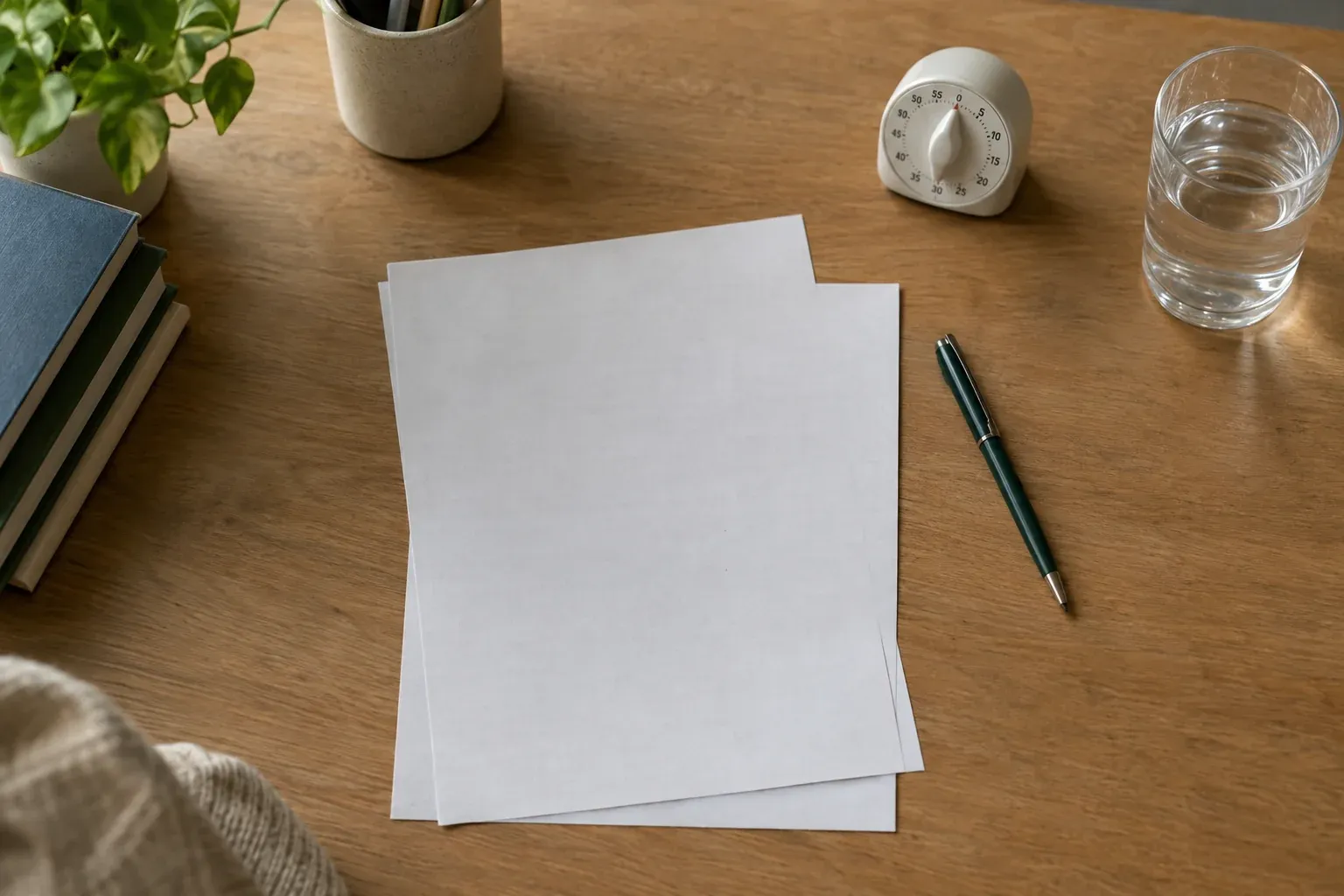 Schreibtisch mit umgedrehten Übungsblättern, Küchenwecker und Stift