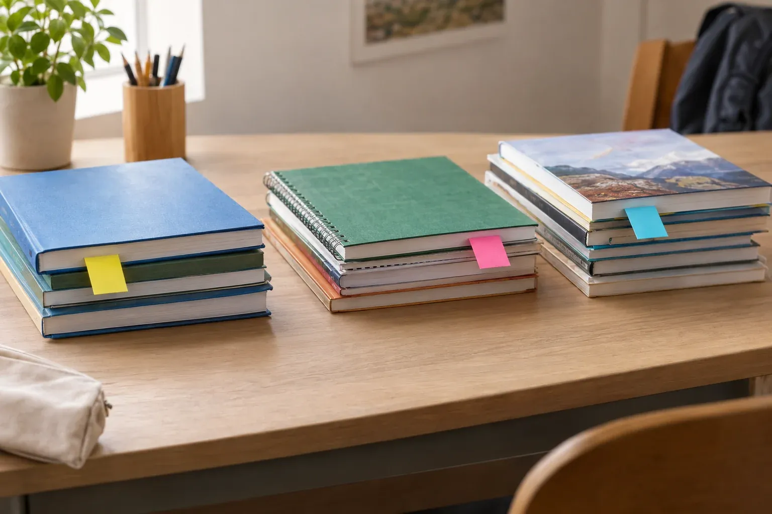 Schulbücher und Hefte in drei kleinen Stapeln auf einem Schreibtisch