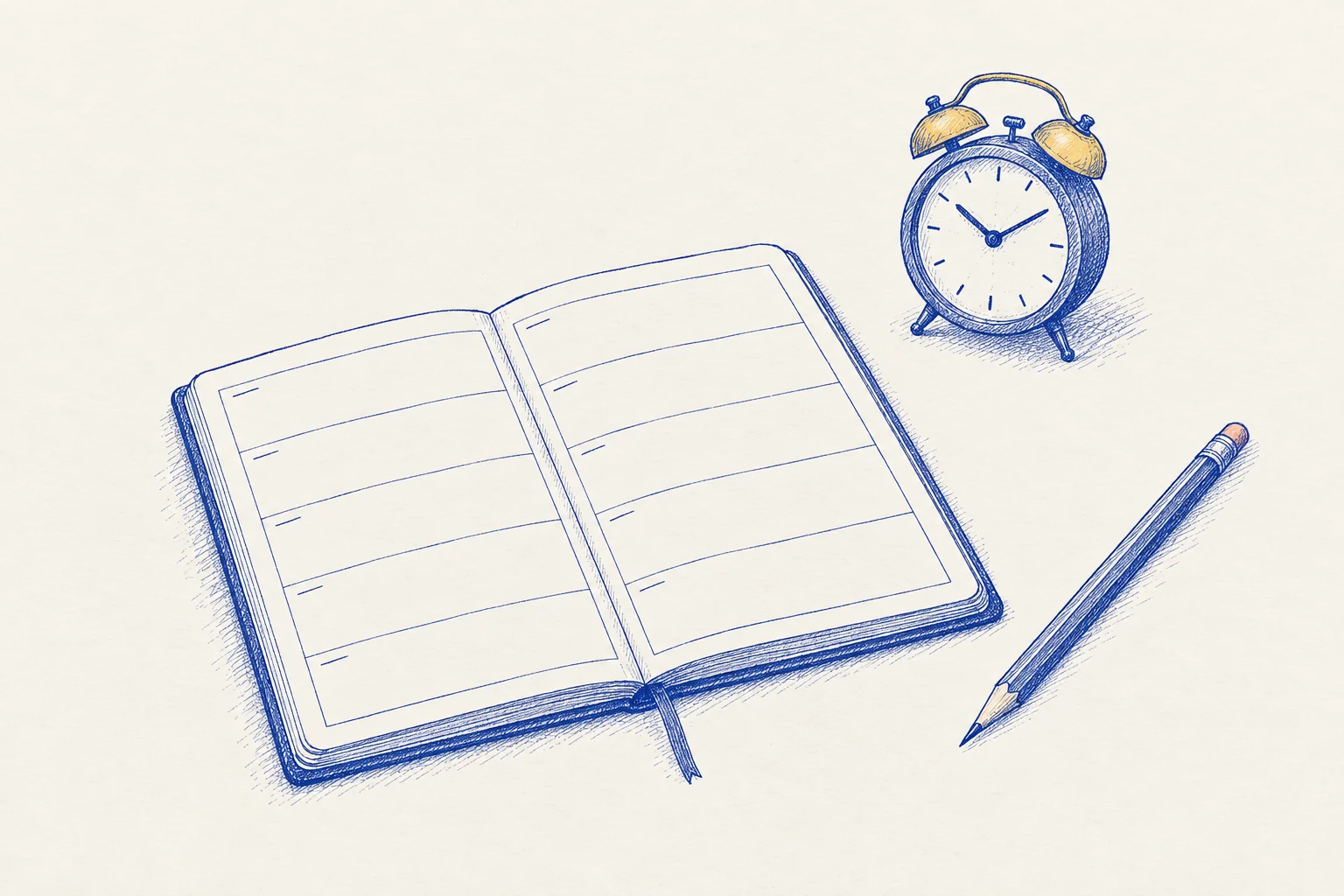 Gezeichneter Wochenplan mit Bleistift und Wecker