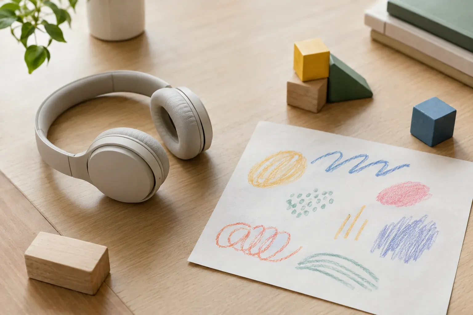 Kopfhörer, bunt bemaltes Papier und Holzklötze auf einem Tisch