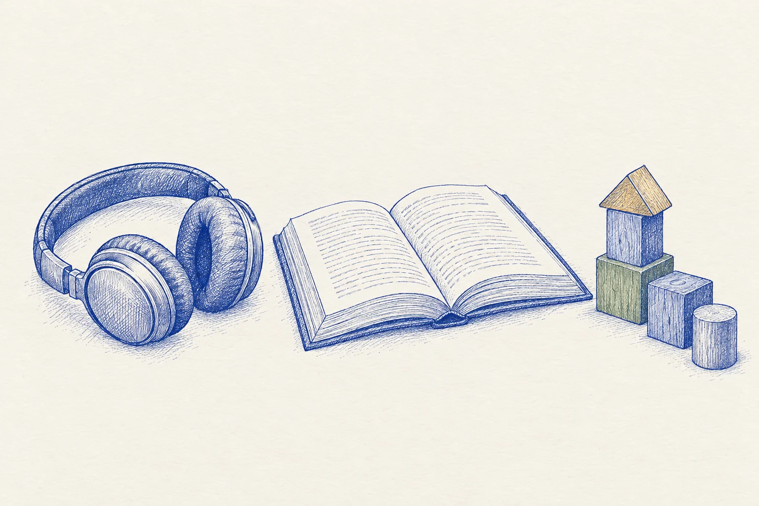 Gezeichnete Kopfhörer, ein offenes Buch und Bauklötze