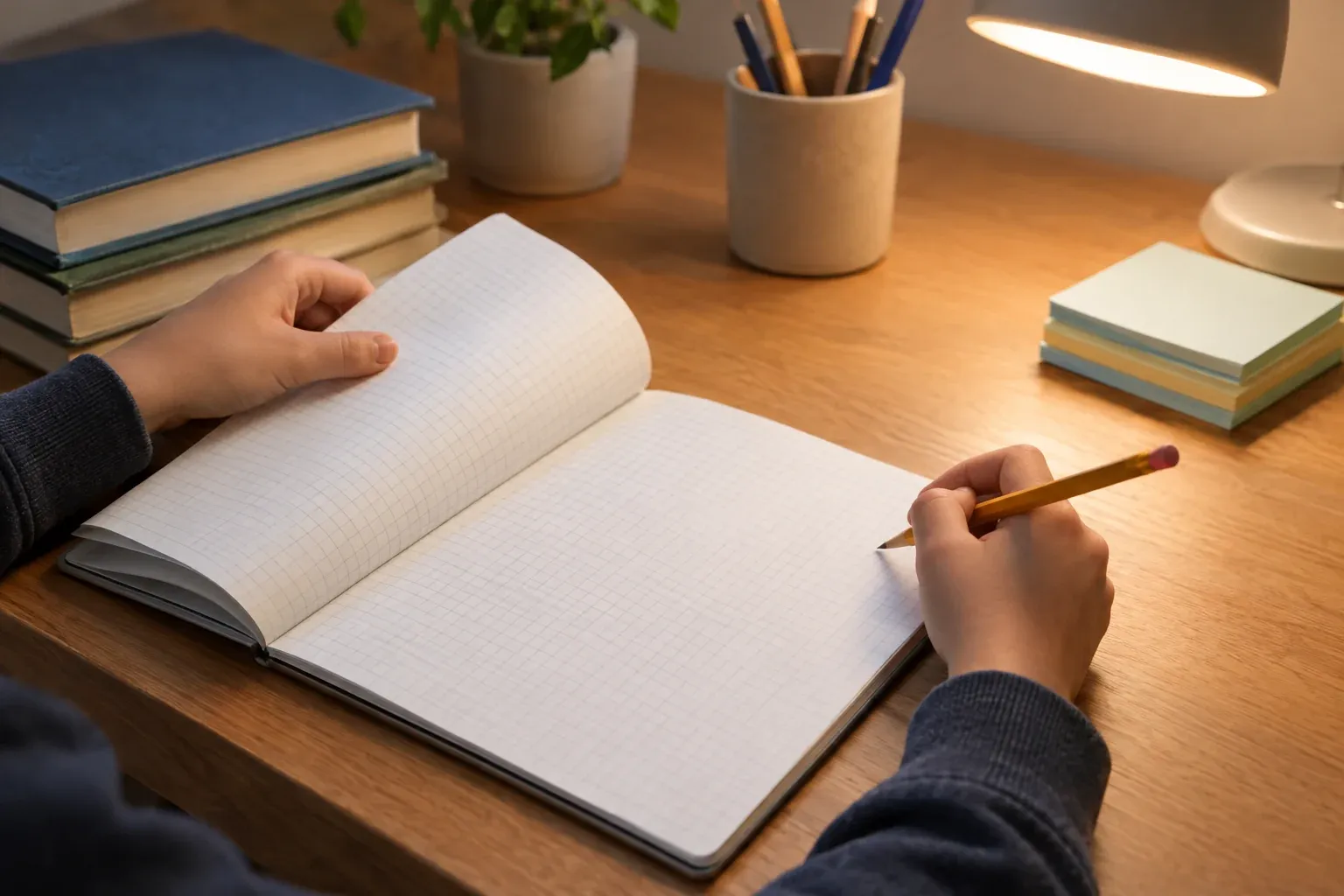 Hände schlagen ein Matheheft auf einem aufgeräumten Schreibtisch auf, daneben liegt ein Bleistift