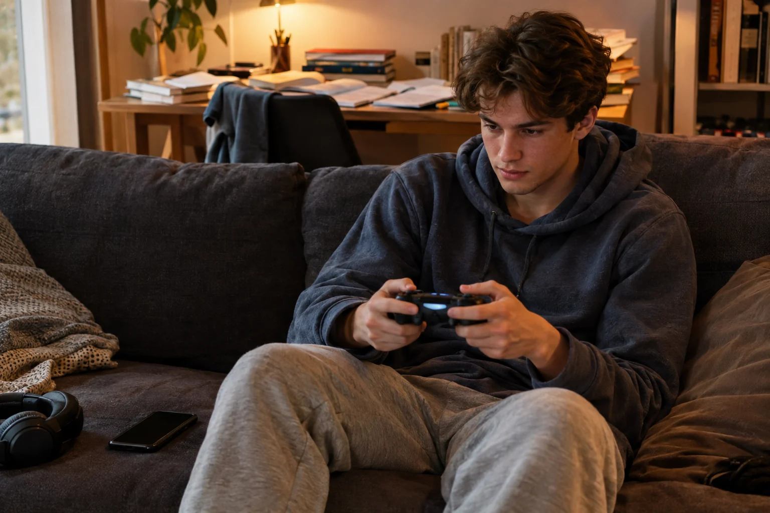 Sofa mit Spielecontroller und Smartphone, dahinter ein Schreibtisch mit Schulbüchern