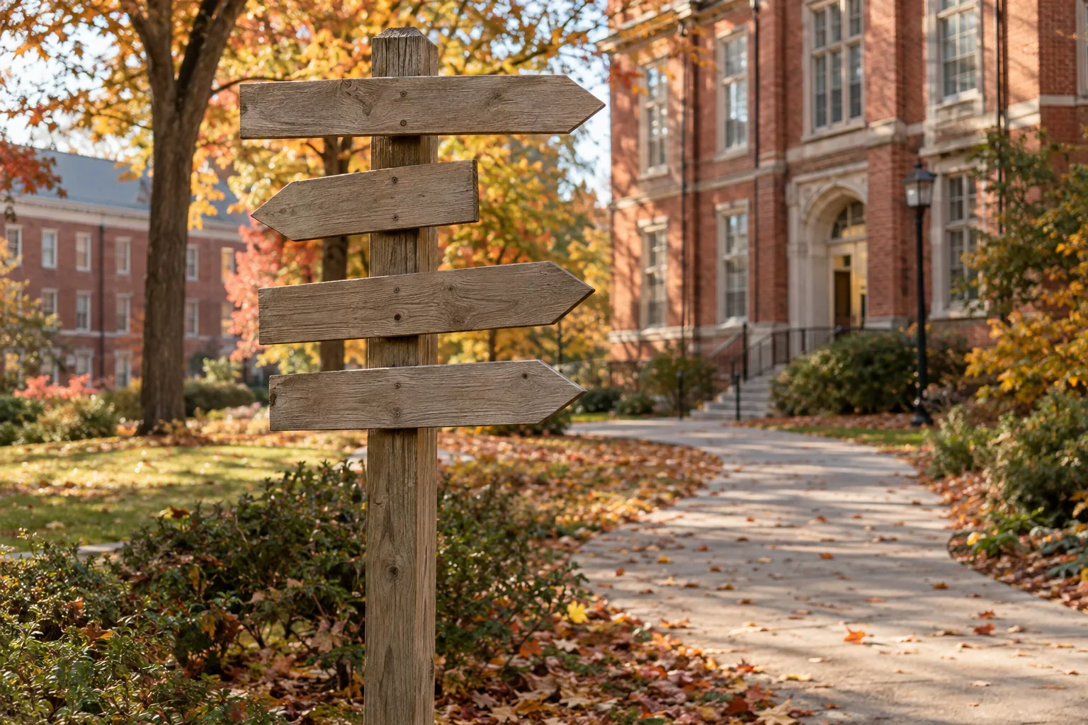 Wegweiser mit mehreren Richtungen auf einem herbstlichen Hochschulcampus